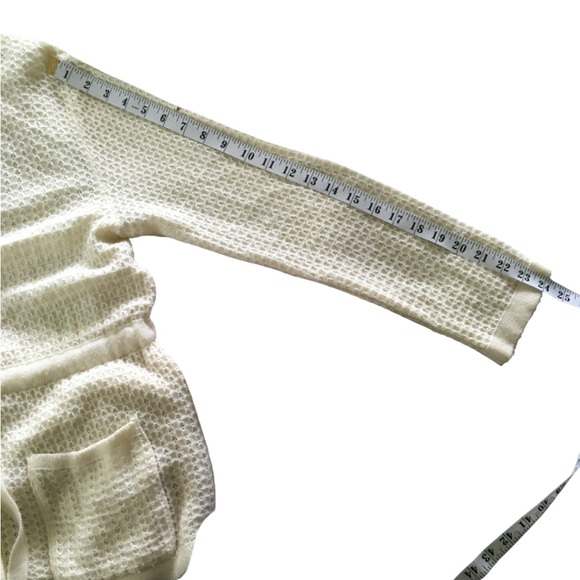 Vintage Belted Cardigan Womens 70s Cream Knit Sweater Tie Button Up Pockets M - Picture 6 of 9